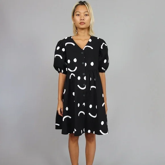 Lazy Oaf Black Happy Sad Puff Sleeve Mini Dress with White Smiley Faces Plus 18 - Picture 2 of 7